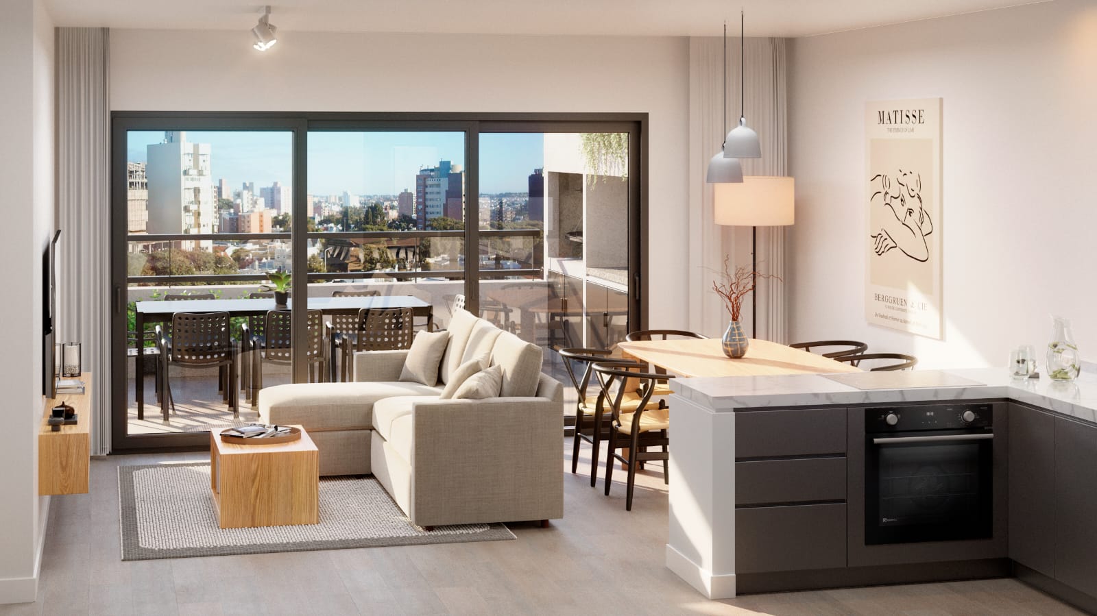 Render de living-comedor de unidad tipo en Arcadia Residence