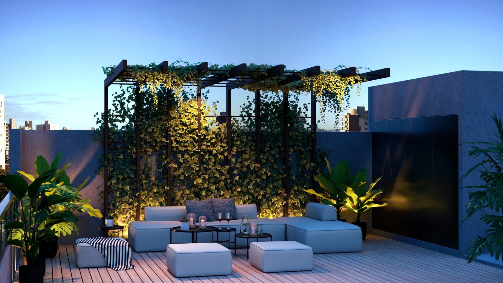 Render de terraza con solarium y parrilla propia en Arcadia Residence